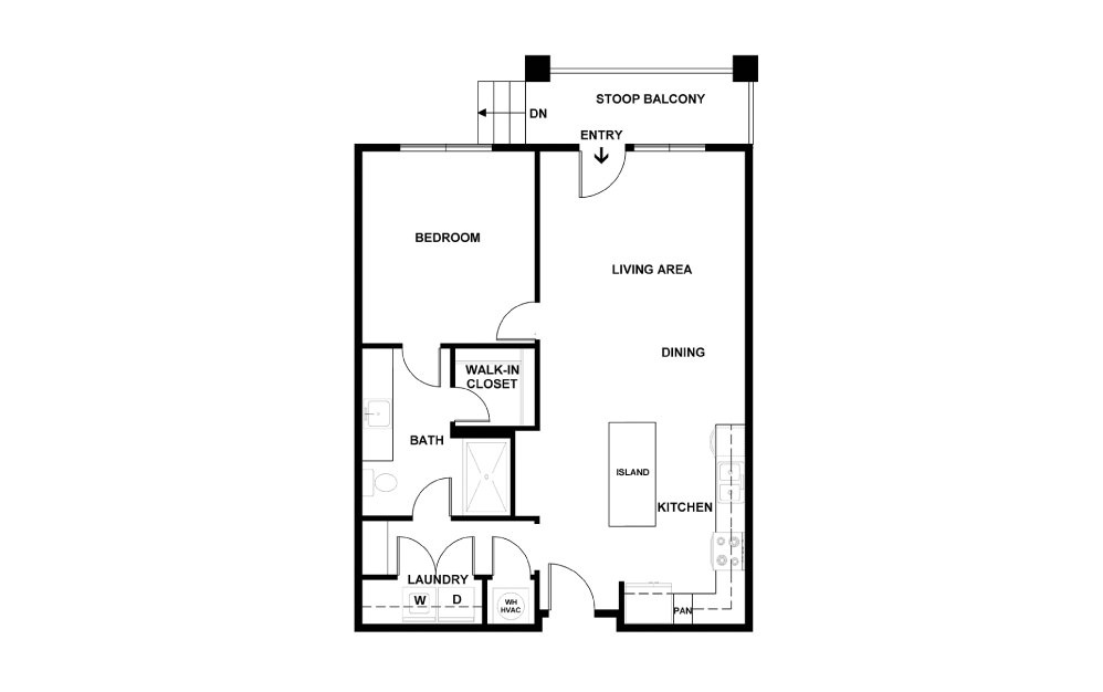 A - 1 bedroom floorplan layout with 1 bath and 727 square feet. (2D)