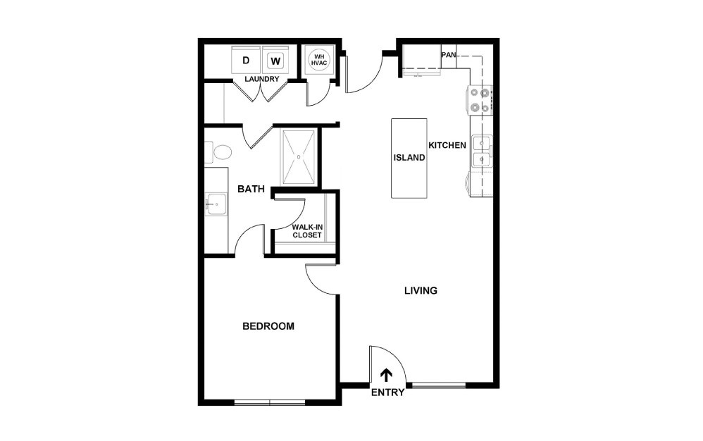 B - 1 bedroom floorplan layout with 1 bath and 707 square feet. (2D)