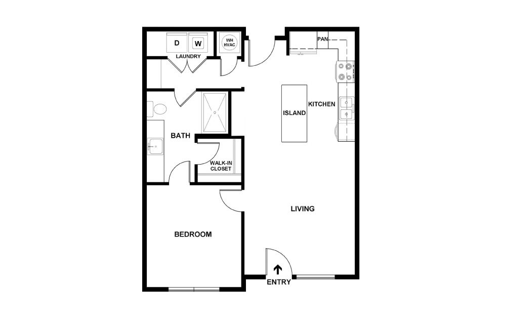 B2 - 1 bedroom floorplan layout with 1 bath and 707 square feet. (2D)