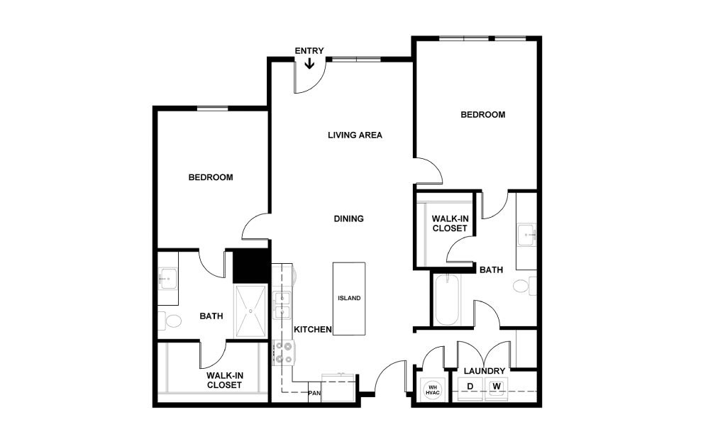 C - 2 bedroom floorplan layout with 2 baths and 1067 square feet. (2D)