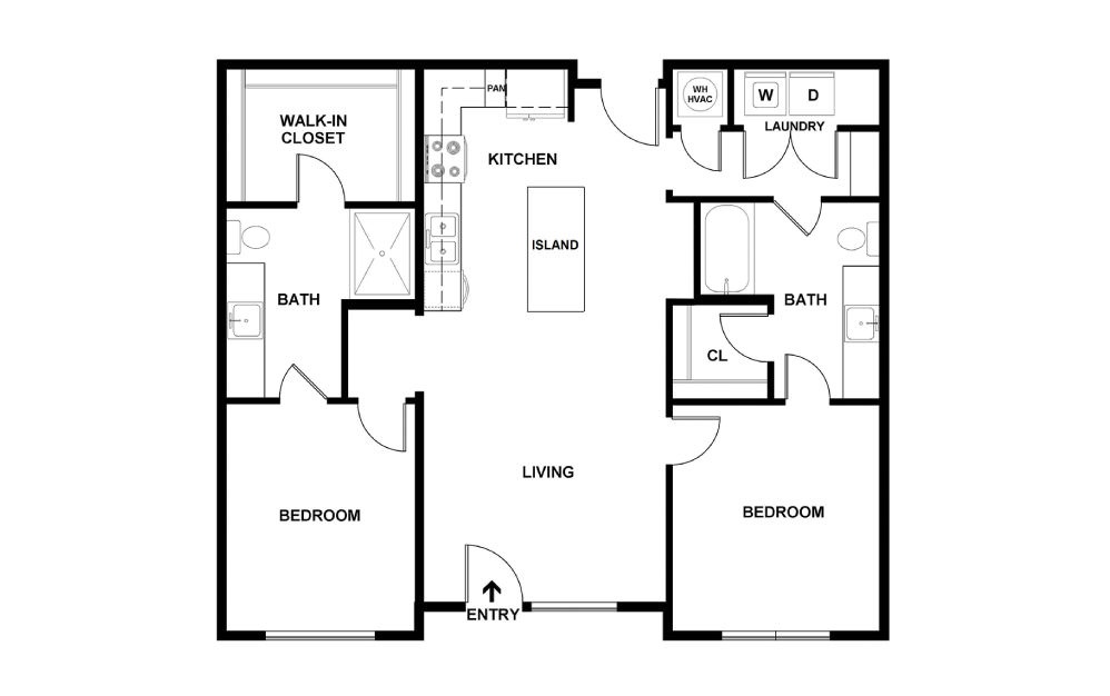 D - 2 bedroom floorplan layout with 2 baths and 1019 square feet. (2D)