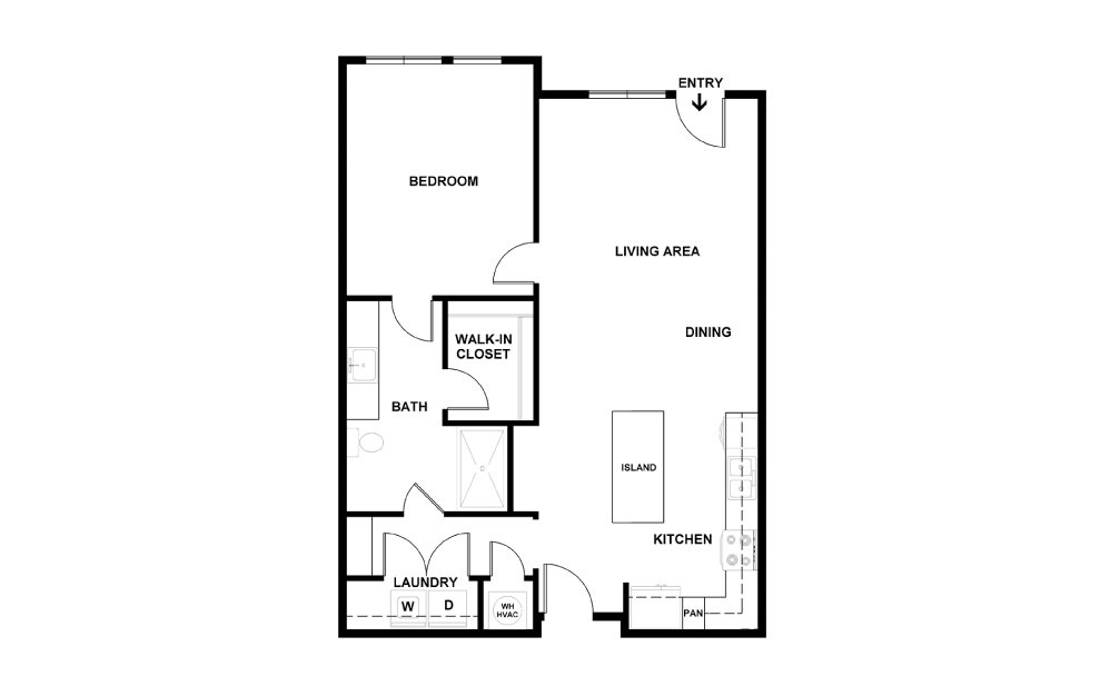 E - 1 bedroom floorplan layout with 1 bath and 785 square feet. (2D)