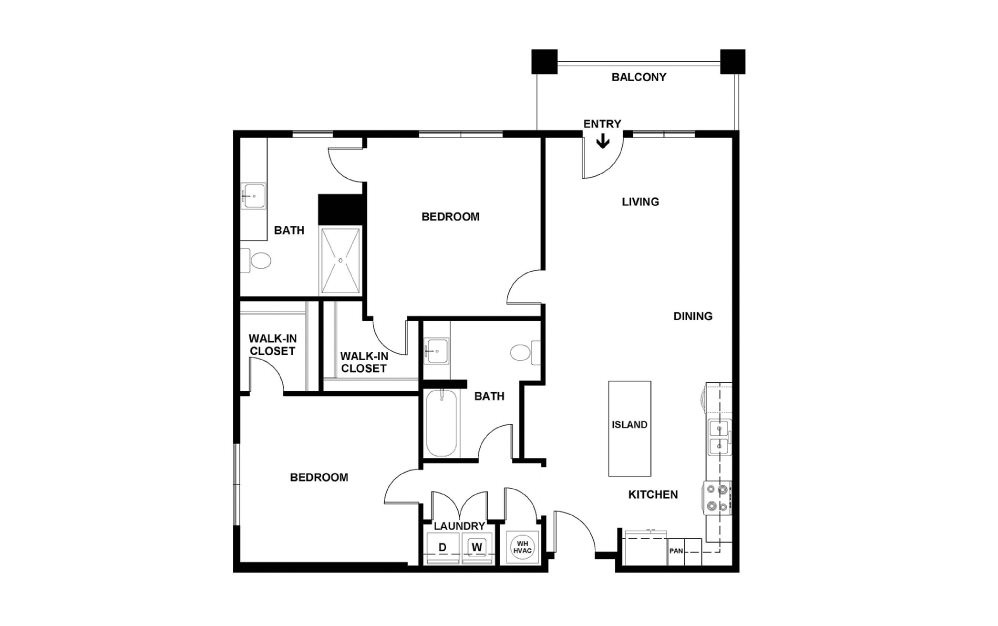 F - 2 bedroom floorplan layout with 2 baths and 1022 square feet. (2D)