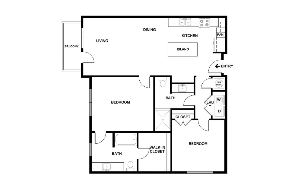 H - 2 bedroom floorplan layout with 2 baths and 1048 square feet. (2D)