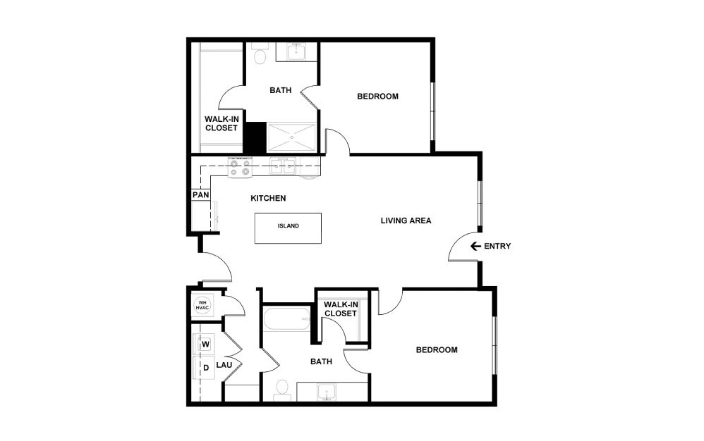 K - 2 bedroom floorplan layout with 2 baths and 979 square feet. (2D)