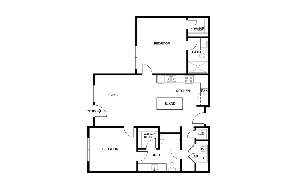 L - 2 bedroom floorplan layout with 2 bathrooms and 963 square feet (2D)