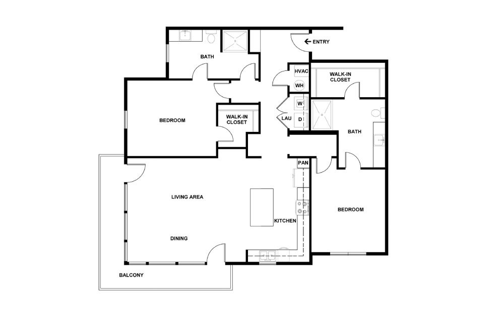 M - 2 bedroom floorplan layout with 2 baths and 1357 square feet. (2D)