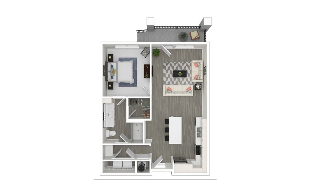 A - 1 bedroom floorplan layout with 1 bathroom and 727 square feet (3D)