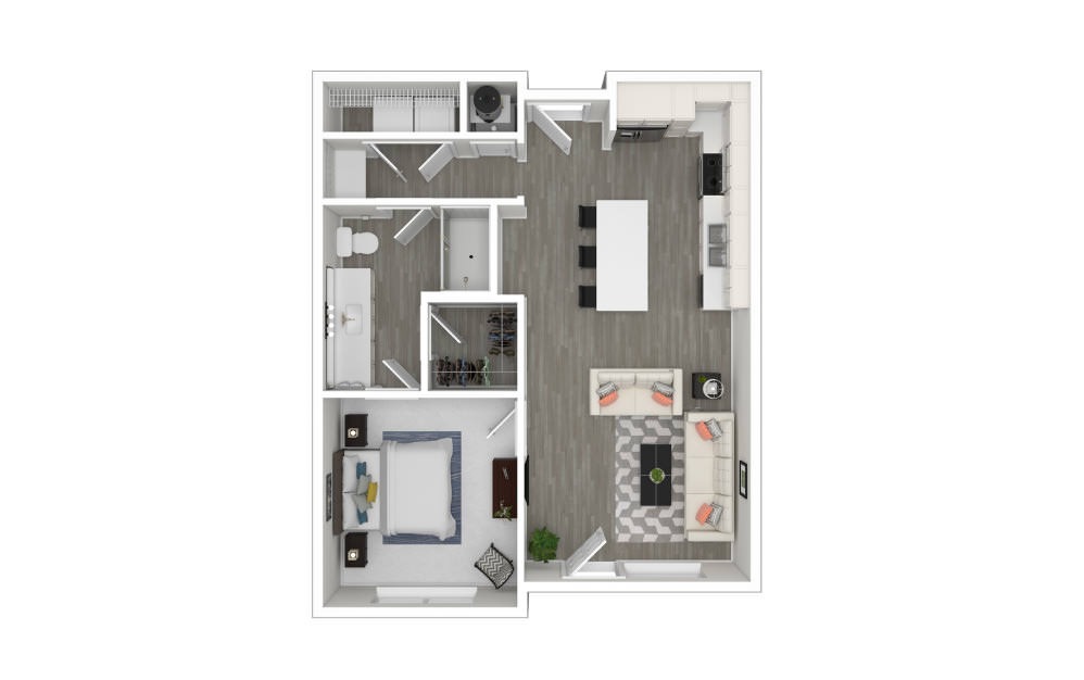 B - 1 bedroom floorplan layout with 1 bathroom and 707 square feet (3D)