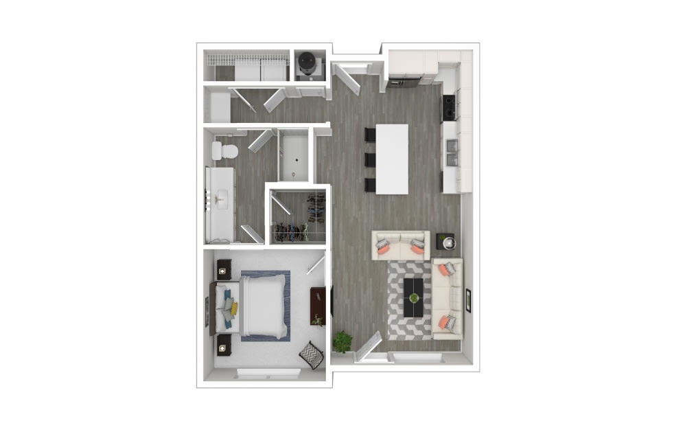 B2 - 1 bedroom floorplan layout with 1 bathroom and 707 square feet (3D)