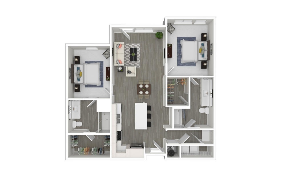 C - 2 bedroom floorplan layout with 2 bathrooms and 1067 square feet (3D)