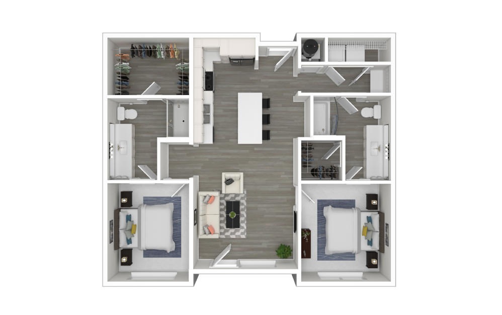 D - 2 bedroom floorplan layout with 2 bathrooms and 1019 square feet (3D)