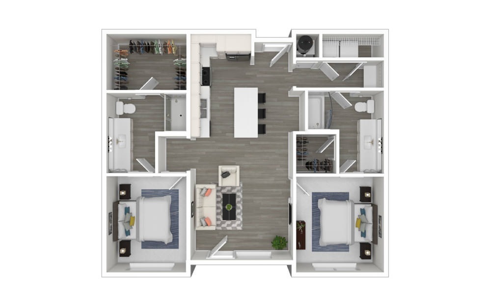 D2 - 2 bedroom floorplan layout with 2 bathrooms and 1019 square feet (3D)