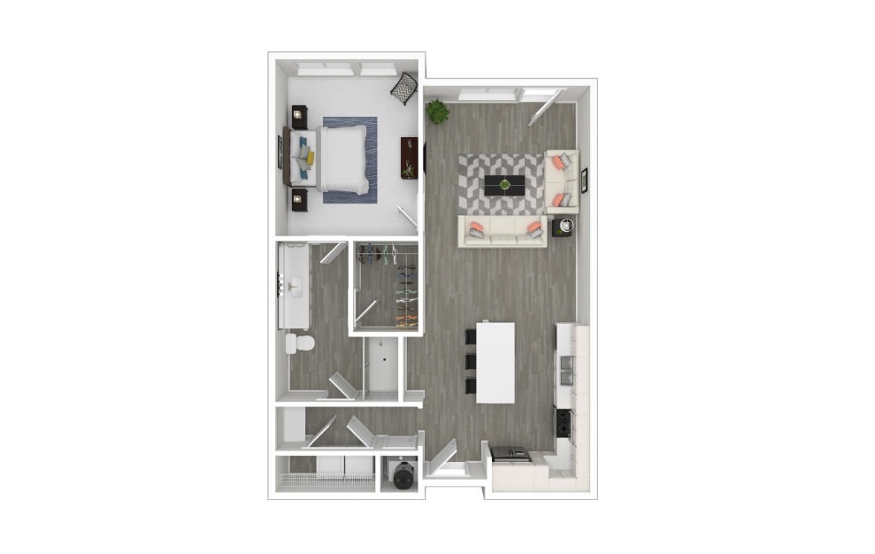 E - 1 bedroom floorplan layout with 1 bath and 785 square feet. (3D)