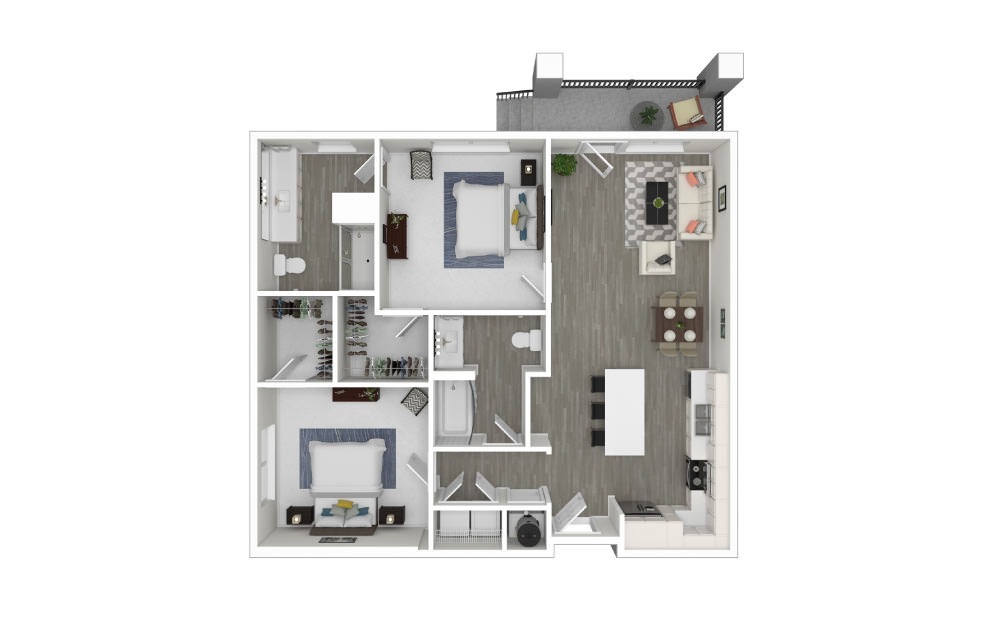 F - 2 bedroom floorplan layout with 2 bathrooms and 1022 square feet (3D)