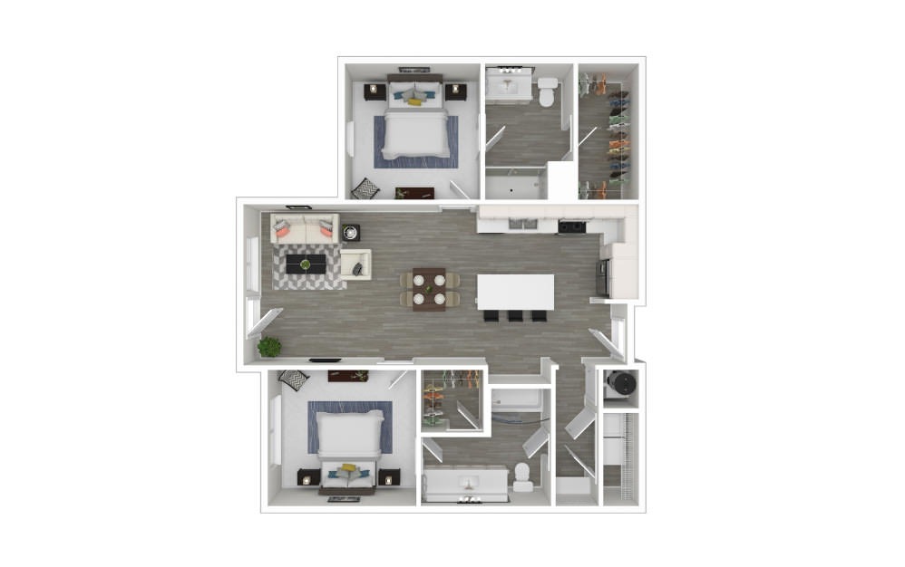 G - 2 bedroom floorplan layout with 2 bathrooms and 1025 square feet (3D)