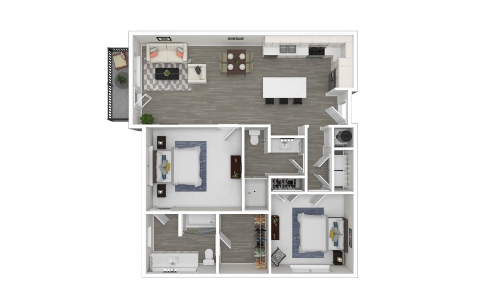 H - 2 bedroom floorplan layout with 2 baths and 1048 square feet. (3D)