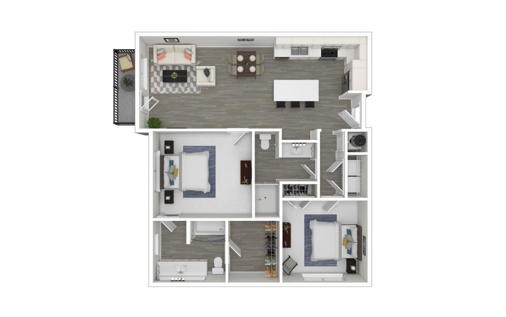 H - 2 bedroom floorplan layout with 2 bathrooms and 1048 square feet (3D)