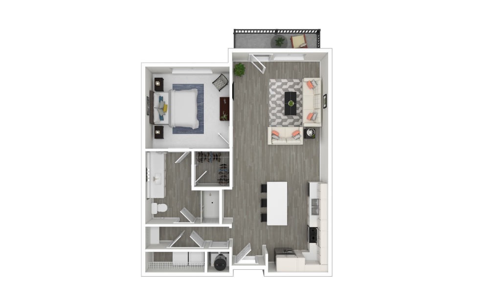 J - 1 bedroom floorplan layout with 1 bathroom and 790 square feet (3D)