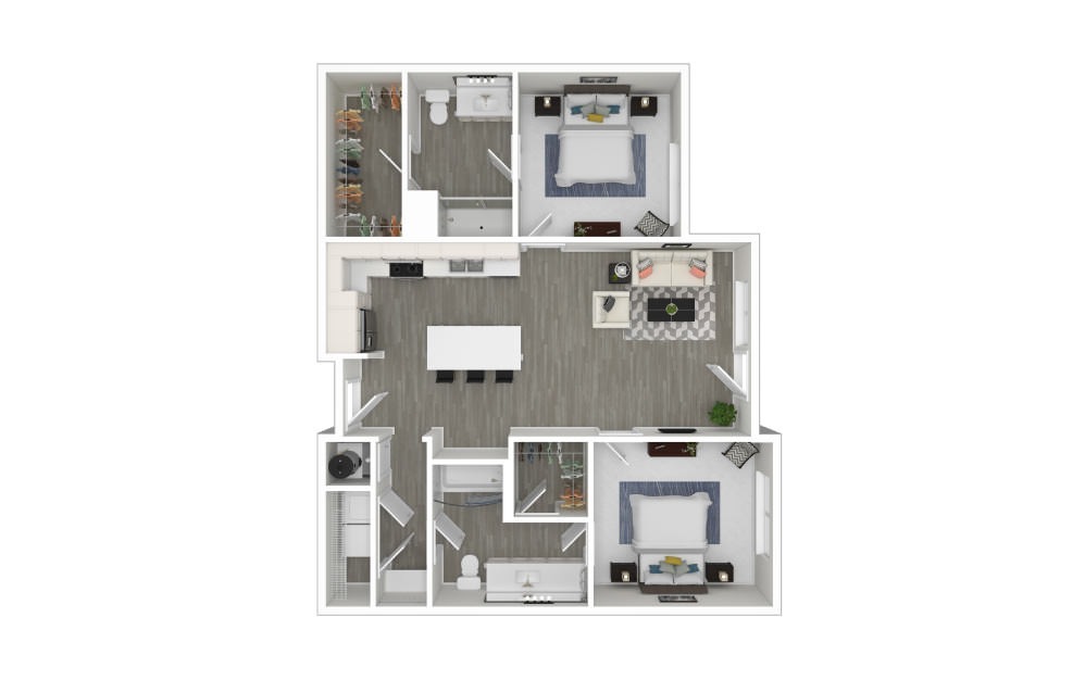 K - 2 bedroom floorplan layout with 2 bathrooms and 979 square feet (3D)