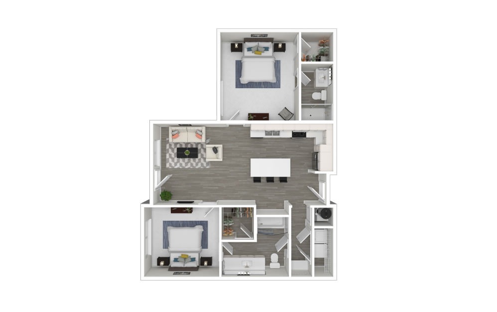 L - 2 bedroom floorplan layout with 2 bathrooms and 963 square feet (3D)