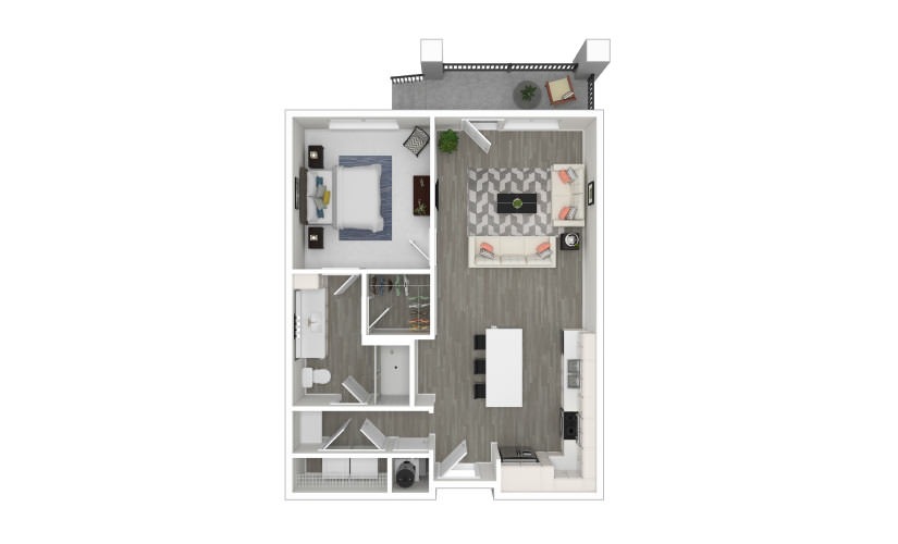 A - 1 bedroom floorplan layout with 1 bathroom and 727 square feet