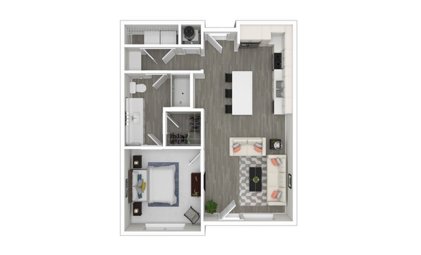 B - 1 bedroom floorplan layout with 1 bathroom and 707 square feet