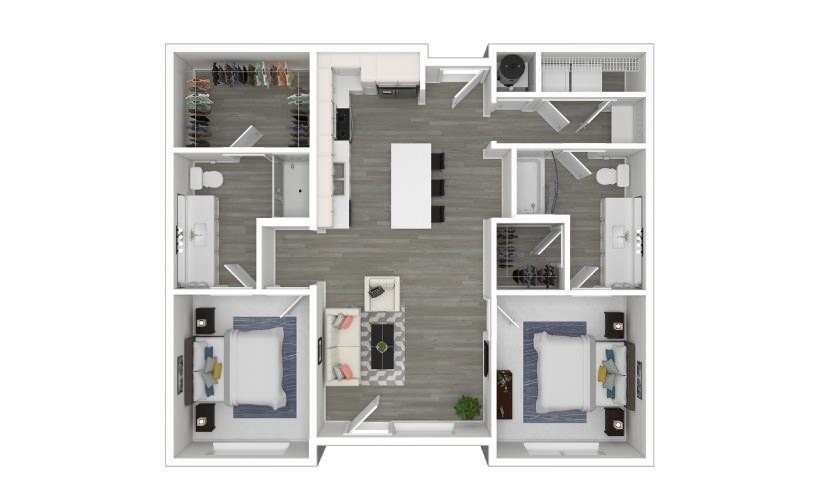 D - 2 bedroom floorplan layout with 2 bathrooms and 1019 square feet