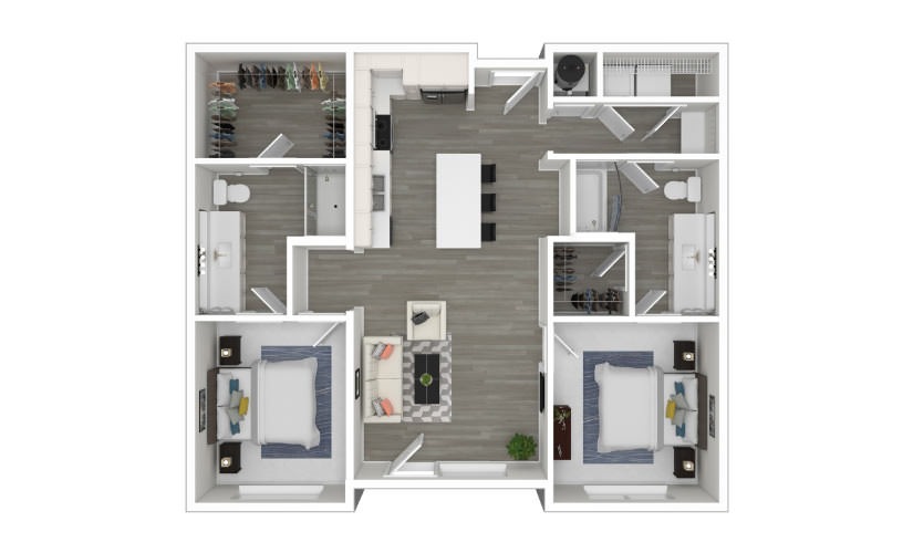 D2 - 2 bedroom floorplan layout with 2 bathrooms and 1019 square feet