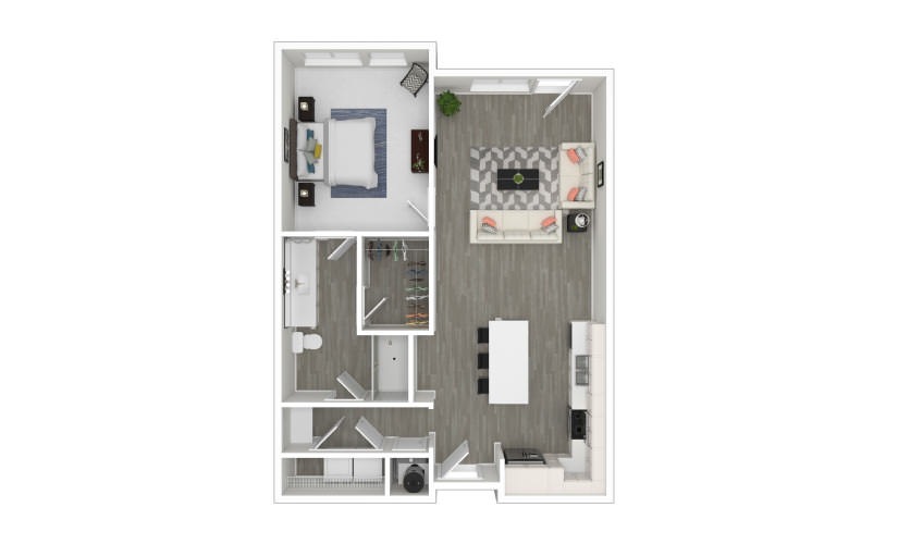 E - 1 bedroom floorplan layout with 1 bathroom and 785 square feet