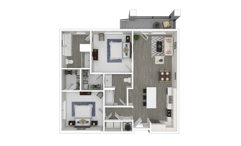 F - 2 bedroom floorplan layout with 2 bathrooms and 1022 square feet