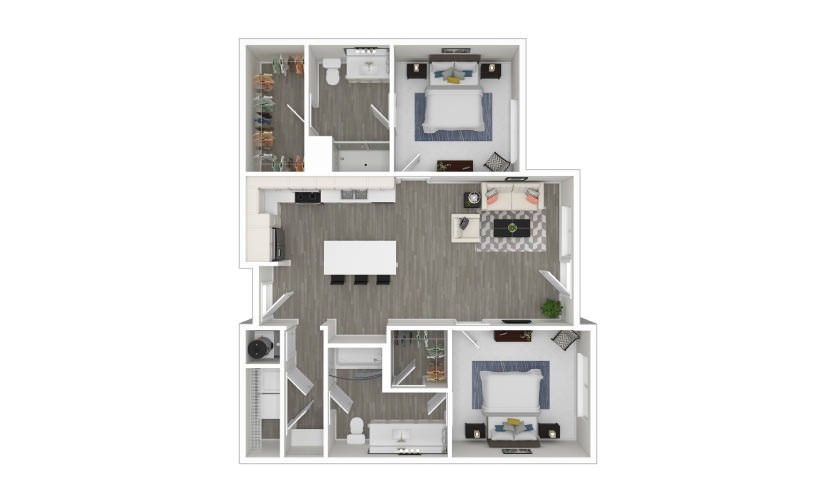 K - 2 bedroom floorplan layout with 2 bathrooms and 979 square feet