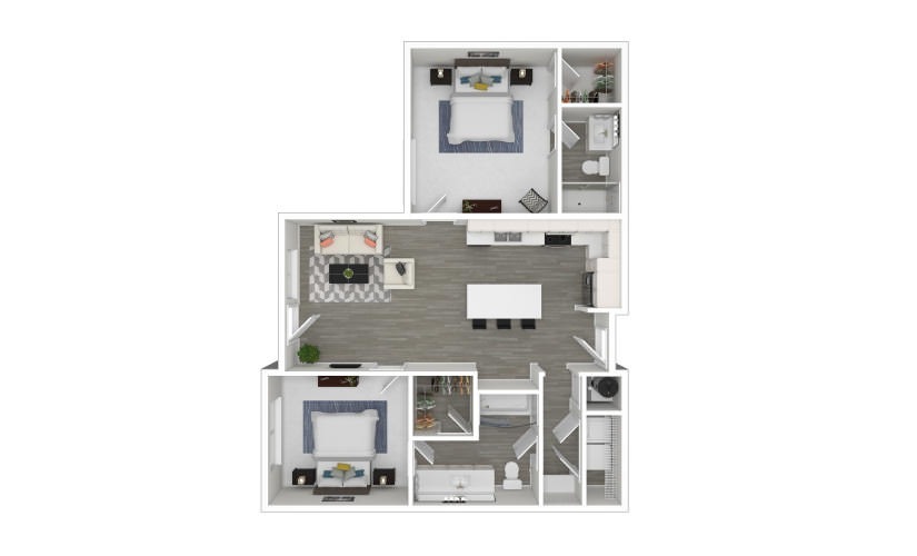 L - 2 bedroom floorplan layout with 2 bathrooms and 963 square feet