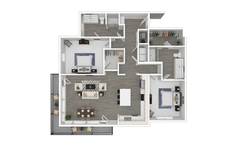 M - 2 bedroom floorplan layout with 2 bathrooms and 1357 square feet